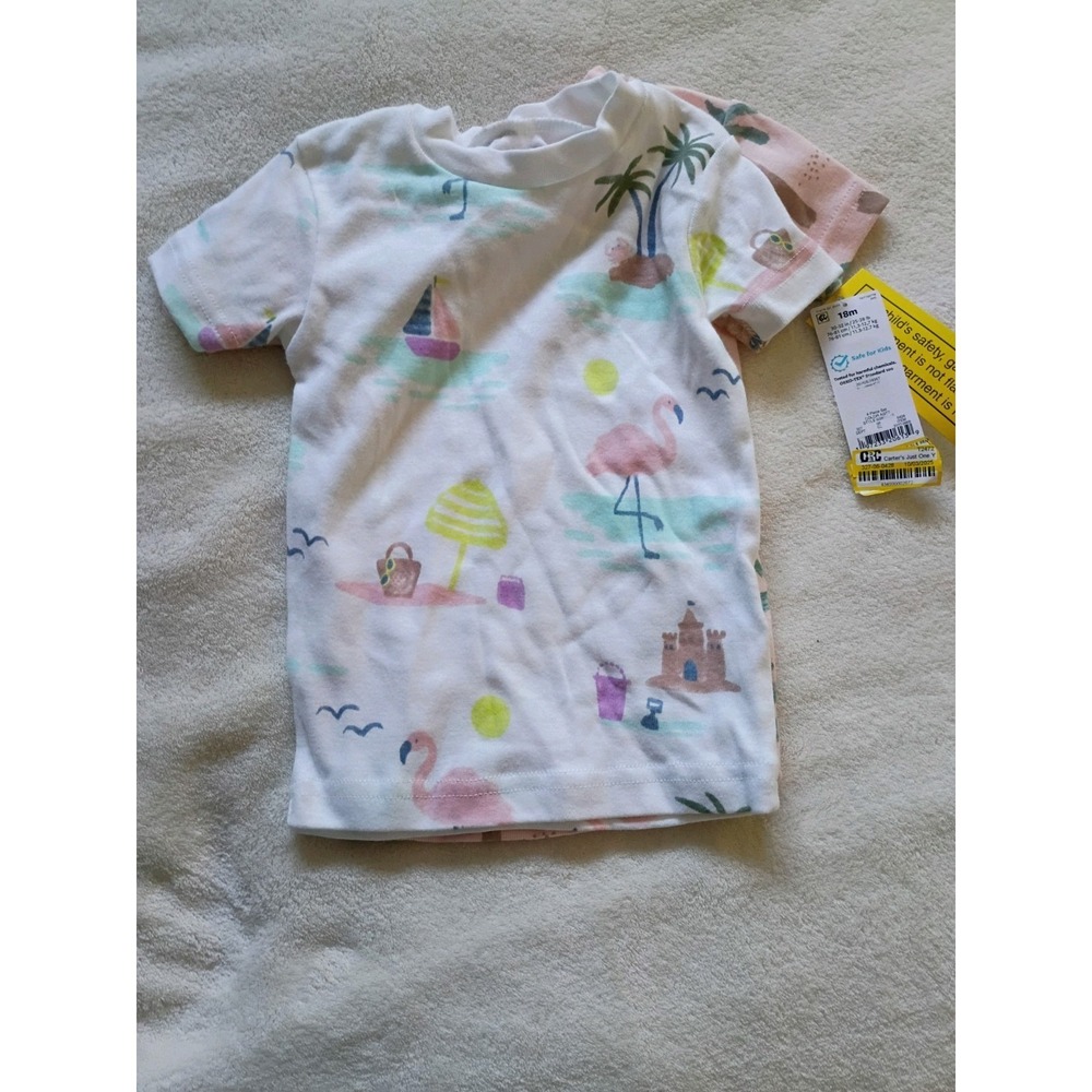 Cat & Jack 18M Palm Tree Flamingo Beach Outfit Set Shirt Pants Summer Cotton